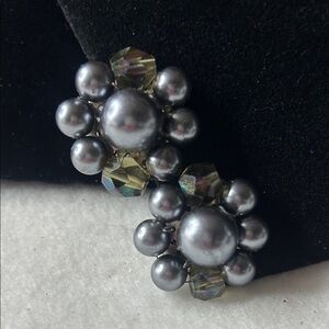 Vintage Grey Elegant Silvertone Beaded Clipon Earrings # 2021